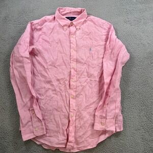 Ralph Lauren Mens Pink Linen Classic Fit Button Down Shirt Size Large